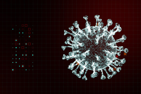 Microscopic rendering of a coronavirus cell superimposed over data.