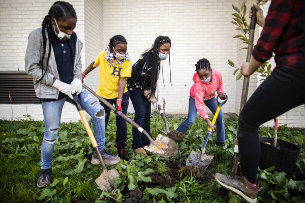 Four students dig a hole in a garden at Hamilton School in Philadelphia.