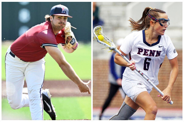At left, Ryan Dromboski throws a pitch from the mound. At right, Izzy Rohr, runs across the field with her stick and ball. 