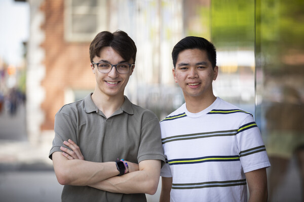 Jared Mitovich and Tyler Jenkins-Wong stand outside the Perelman Center for Economics and Political Science on Penn's campus.