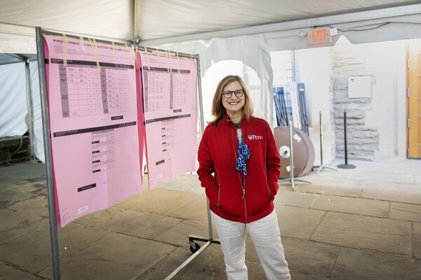 President Magill standing in front of Houston Hall on Election Day.