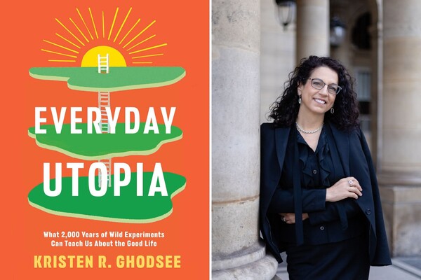 Split image showing book jacket reading "Everyday Utopia" on the left and picture of author Kristen Ghodsee on the right.