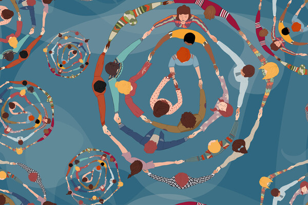 Graphic ilustration of people holding hands in a concentric circle formation.