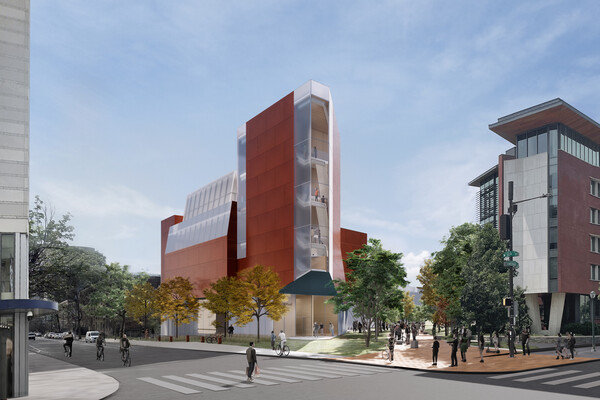 Architects rending of the new Student Performing Arts Center at the University of Pennsylvania. View from 33rd and Chestnut streets..