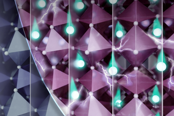 Digital illustration of lithium ions passing through two-dimensional channels within a crystal structure