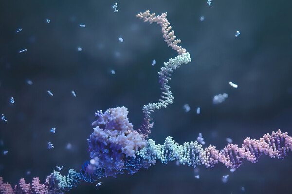 Microscopic rendering of mRNA gene editing.