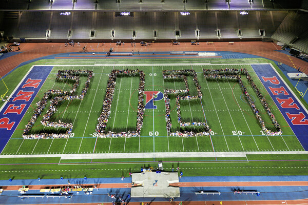 Class of 2027 spelled out by students on Franklin Field