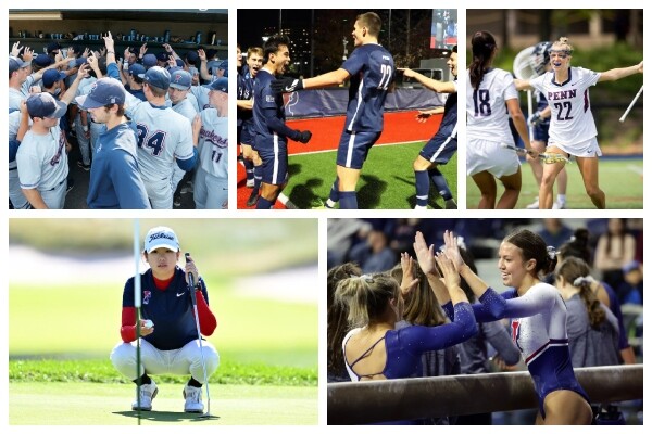 A grid showing Penn baseball players, men's soccer players, women's lacrosse players, women golfers, and gymnastics performing in their respective sports.