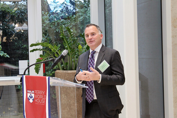 Michael Weisberg at a podium in Penn’s Perry World House.