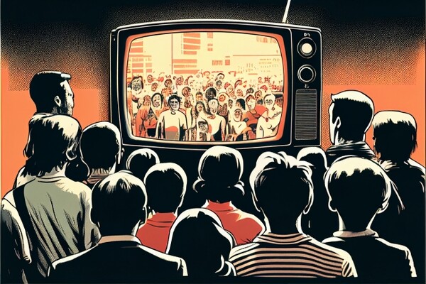 A cartoon of a group of people including children watching a scene on the television.