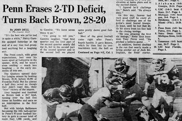 An article about the 1973 Penn vs. Brown game on the front page of the sports section in the Sunday, Oct. 7, 1973, edition of The Philadelphia Inquirer.