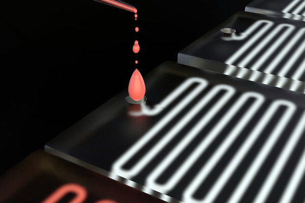 Isolated microfluidic chip with blood sample inside of micropipette 3d rendered in the black background