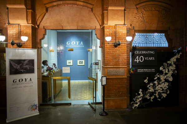 Entrance to the Arthur Ross Gallery with a sign that says Celebrating 40 years and Goya