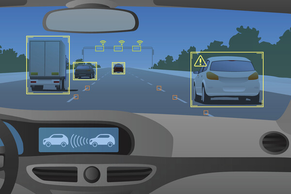 A virtual dashboard showing driving hazards ahead.
