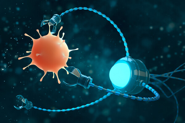 Medical concept in the field of nanotechnology, a nanobot studies or kills a virus. 3D rendering.