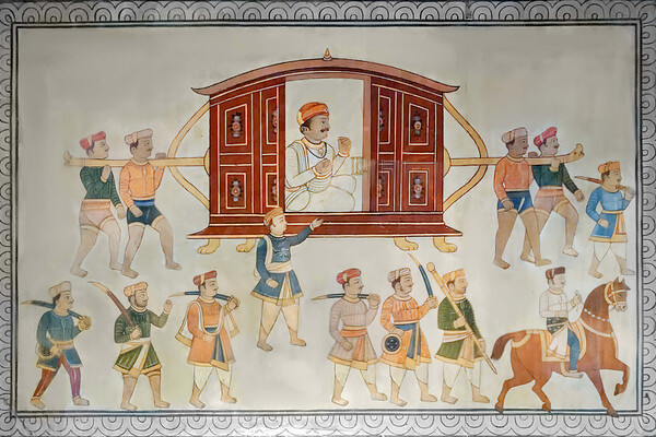 Painting from 18th century shows an Indian banker being carried in a carriage and surrounded by armed entourage.