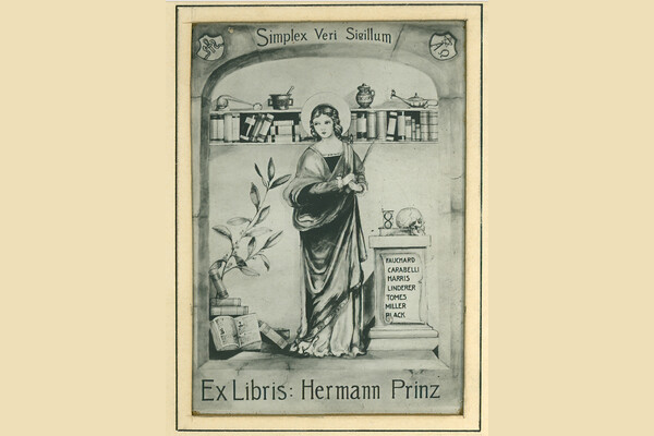 A bookplate depicting Saint Apollonia, patron saint of dentistry.