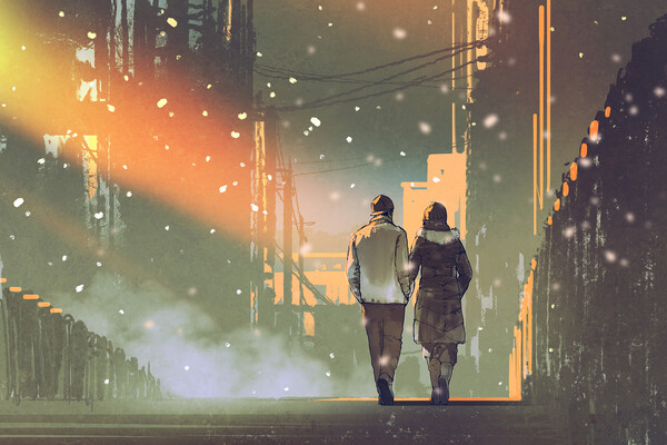 Illustration of a couple walking in a city in the snow.