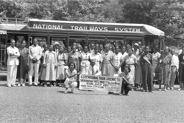 A historical photo of a group from Washington, D.C. traveling through Shenandoah National Park.