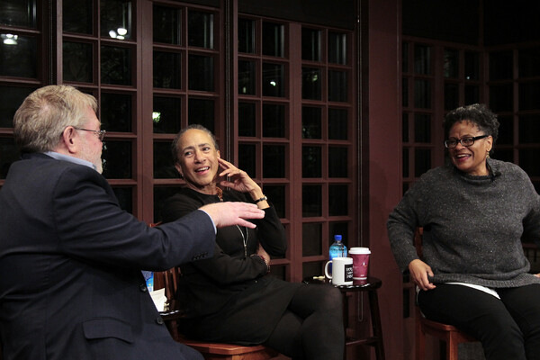 Nolen, Lorene Cary, and Finister speaking with each other at Kelly Writers House.