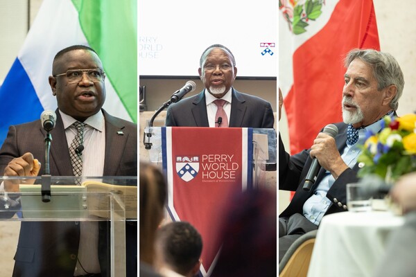 A composite of three images featuring, left to right, Sierra Leone President Julius Maada Bio; former South African President Kgalema Petrus Motlanthe; and former Peruvian President  Francisco Sagasti.