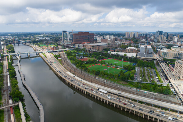 Schuylkill River and the expressway with the West Philadelphia skyline in the distance.
