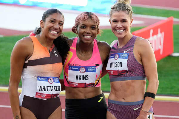 2020 Penn graduate Nia Atkins, center, won the 800 meter finals at the 2024 Olympic trials.