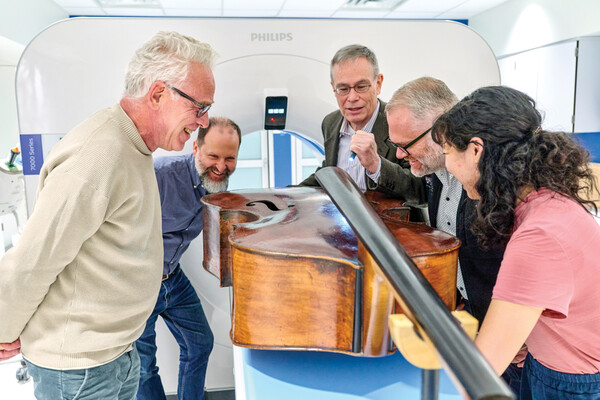 Philadelphia Orchestra bassist Duane Rosengard; Peter Noël, director of CT Research at the Perelman School of Medicine; luthier Zachary S. Martin; Leening Liu, a Ph.D. student in Noël’s Laboratory of Advanced Computed Tomography Imaging; and Mark Kindig.