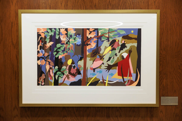 A print by Jacob Lawrence depicts Harriet Tubman leading enslaved people to freedom.