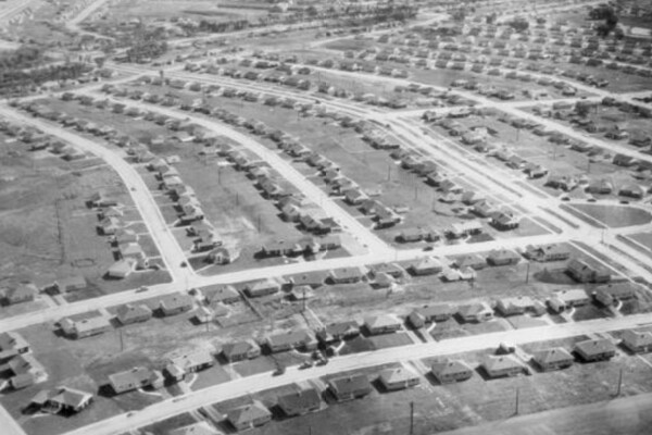 An aerial view of the Park Forest housing development outside of Chicago in the 1950s.