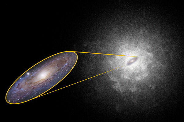 artist's concept of the Andromeda galaxy's stellar halo, depicted with exaggerated brightness and density, highlighting the extent of this faint and loosely connected collection of stars that surrounds the galaxy.