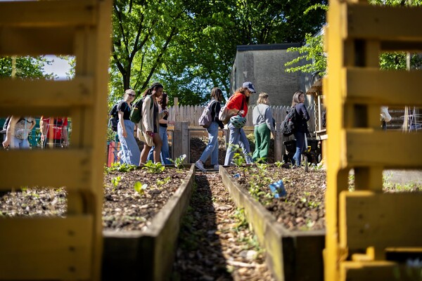 Penn students walking through Norris Square Neighborhood Project’s community garden.