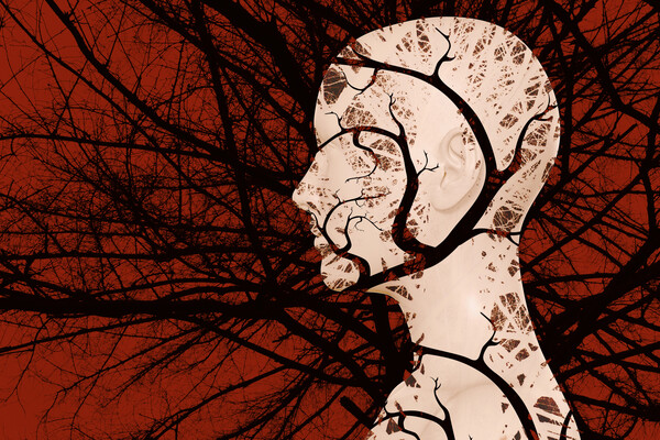 A human head with branches similar to neurons emanating.