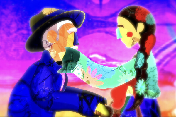 Cartoon-stylized person compassionately touching an elderly person's face. 