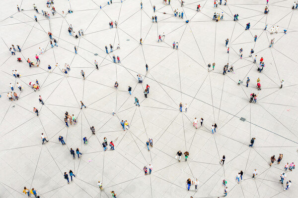 Aerial view of people connected by lines.