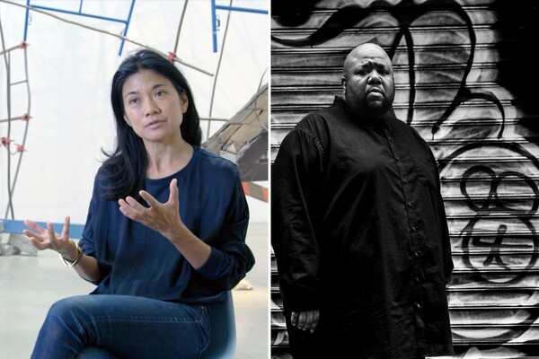 Sculptor Michelle Lopez sitting and talking in front of her sculpture and musician Tyshawn Sorey standing in front of a grafitti on a wall