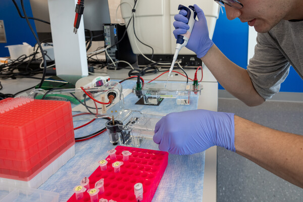A lab worker with latex gloves doing mRNA research.