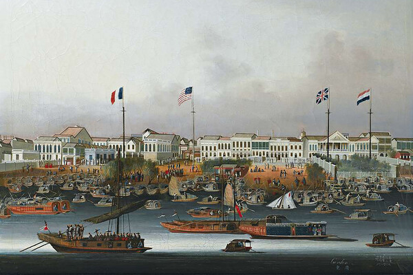 Illustration of a historic maritime harbor.