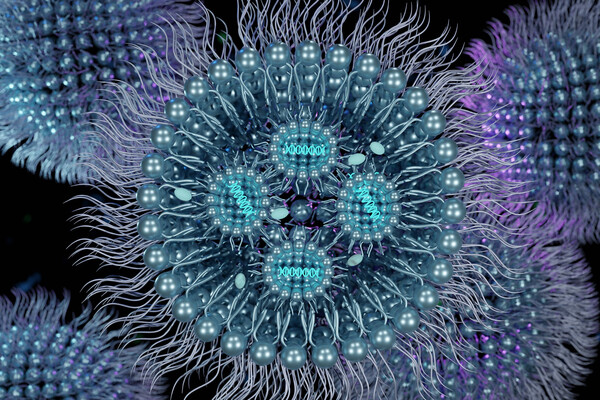 Microscopic rendering of mRNA inside a lipid nanoparticle.