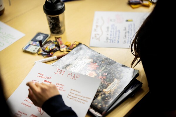 A handwritten Joy Map on a table.