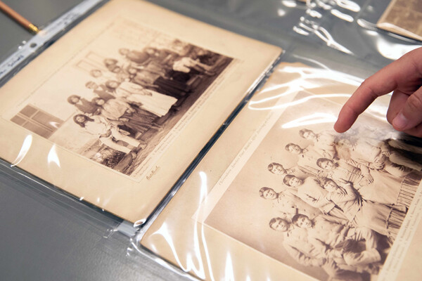 Archival images of Indigenous students at a boarding school.