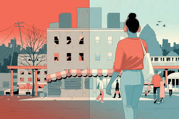 Illustration of a person walking to a building in a city, one side is abandoned, the other side is revitalized.