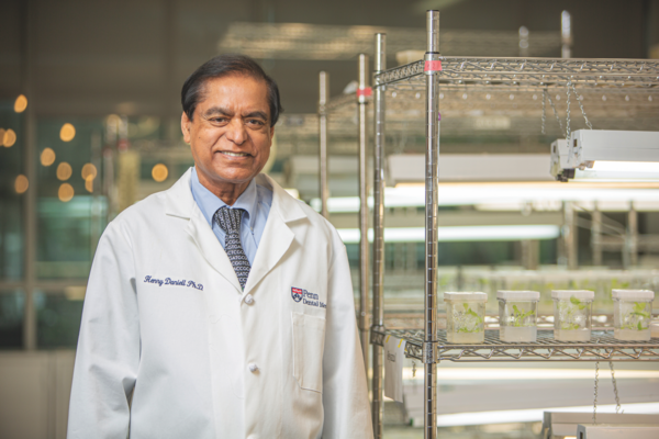 Researcher in lab coat standing in lab.