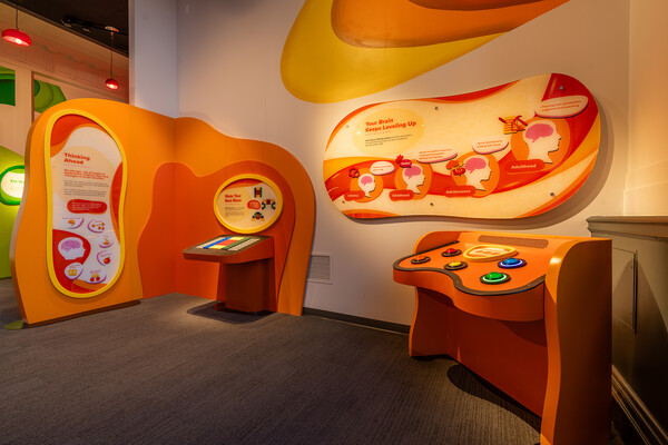 Oblong-shaped terminals and wall art portraying the workings of the brain.