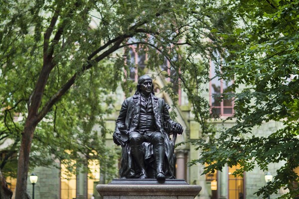 Ben Franklin statue in front of Penn’s College Hall.