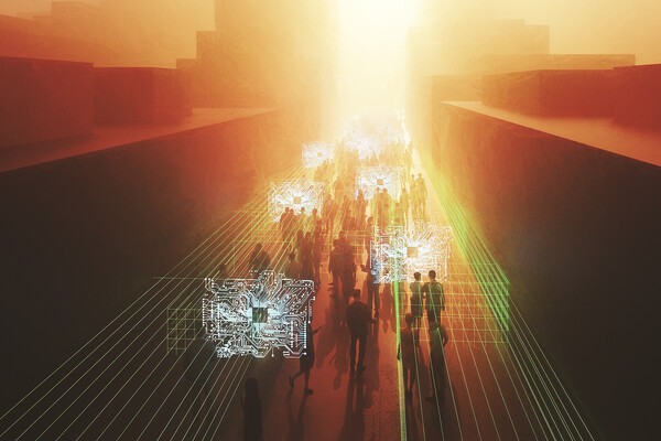 People walking in a city scape with digital data atmospherically surrounding them.