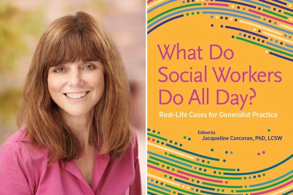 Jacqueline Corcoran and her book cover, What do Social Workers Do All Day?