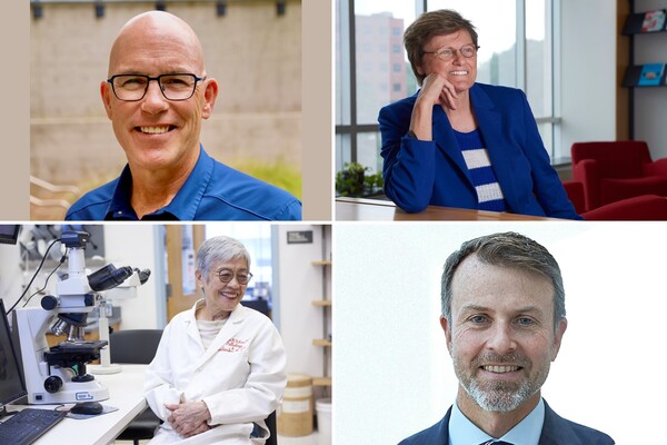 Four headshots of Penn Faculty. Top left tile clockwise: Mark Devlin, Katalin Karikó, E. John Wherry III, and Virginia M.Y. Lee