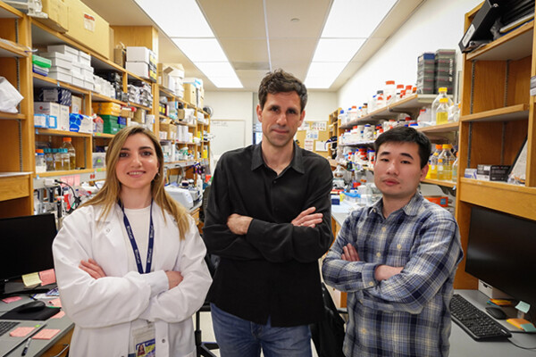 Cesar de law Fuente, middle, between two researchers from his team, standing in their lab.
