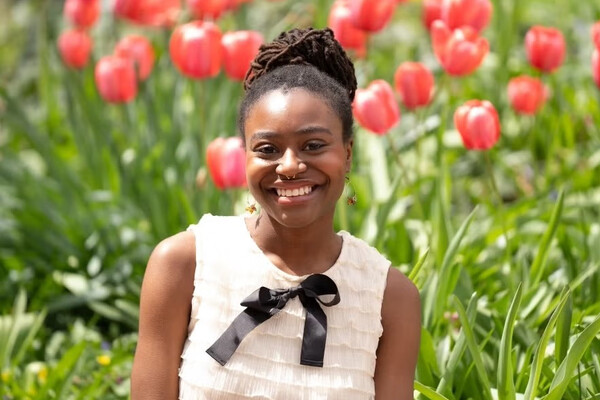 Naima Small in a tulip garden.